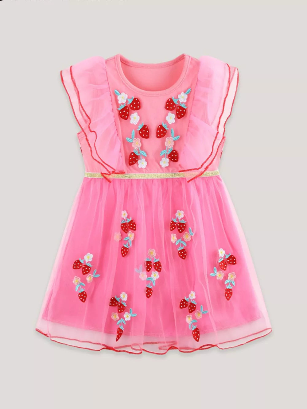 Pink toddler tulle dress with embroidered strawberries and flowers, flutter sleeves, and ruffled trim.