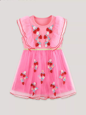 Pink toddler tulle dress with embroidered strawberries and flowers, flutter sleeves, and ruffled trim.