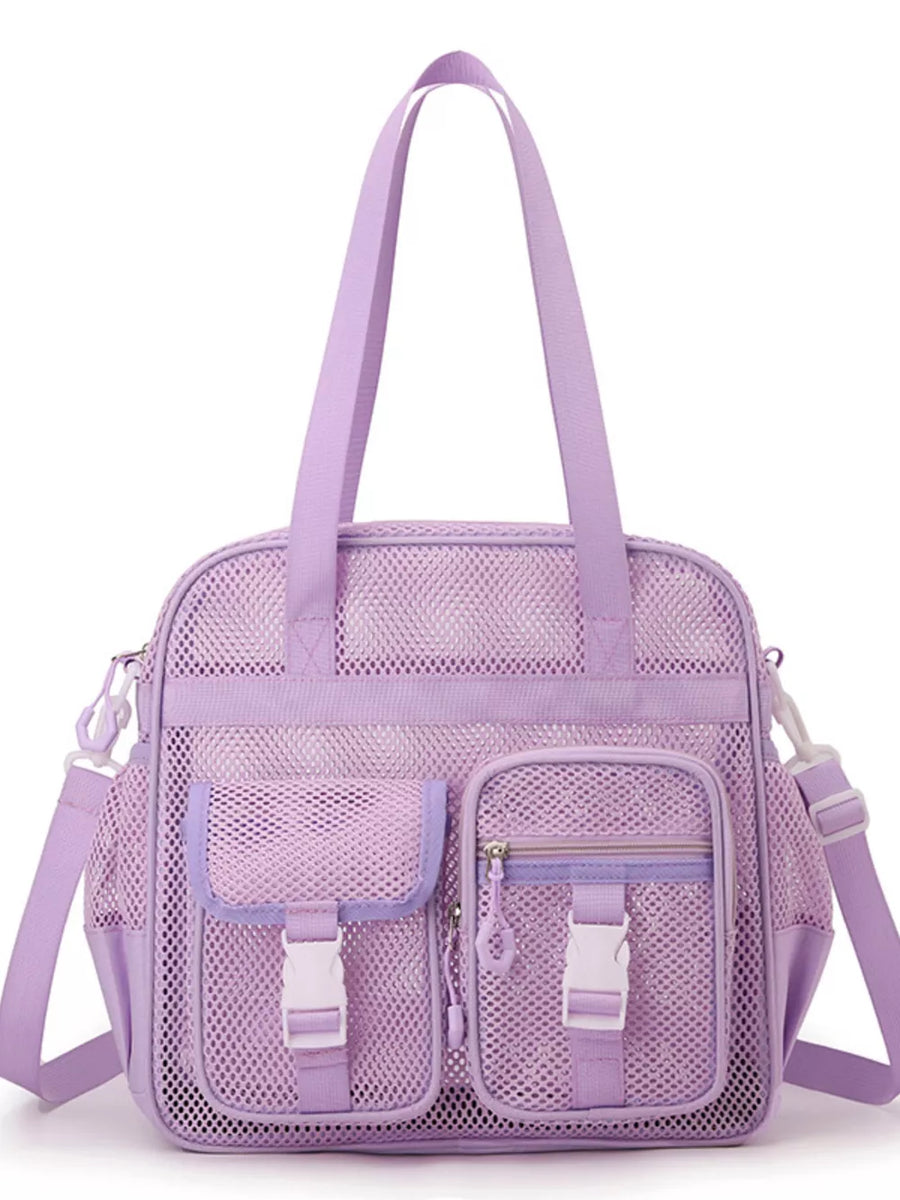 Purple mesh crossbody bag with buckle accents and multiple pockets.