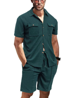 Textured resort shirt and shorts set in deep teal with button details and drawstring waist.