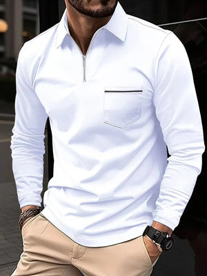 White zip-front long sleeve polo shirt with contrast pocket detail