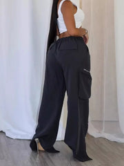 Black with Drawstring Cargo Pants With Zipper Accents in Black