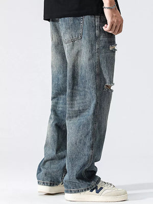 Blue with Men's Distressed Loose Fit Jeans in Blue