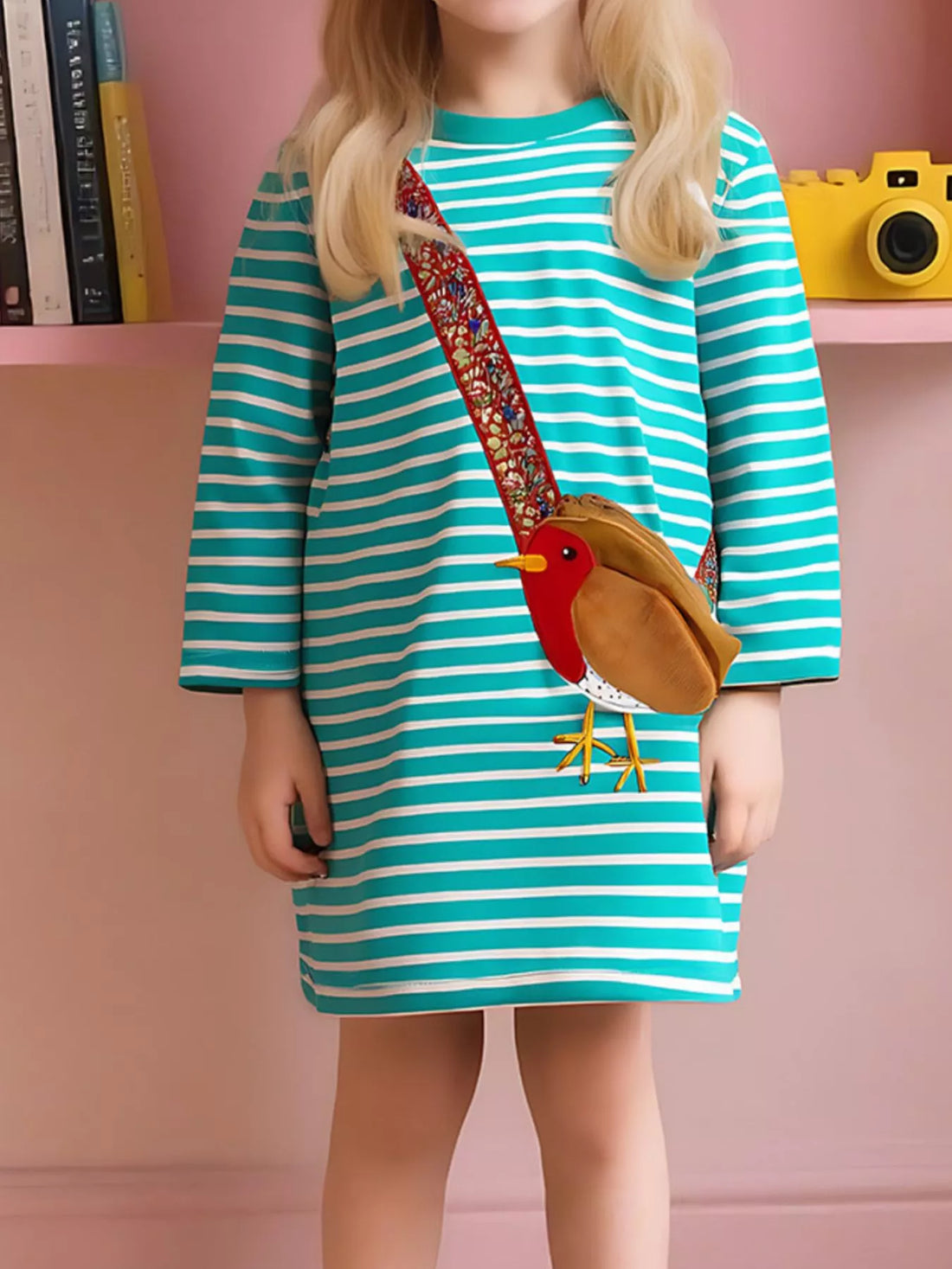 Turquoise striped long-sleeve cotton dress with a bird applique and crossbody strap.