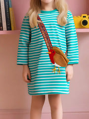 Turquoise striped long-sleeve cotton dress with a bird applique and crossbody strap.