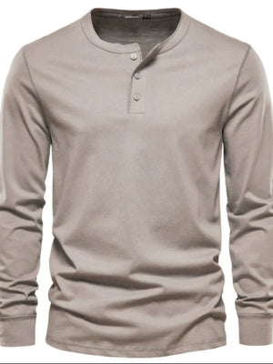 Henley knit long sleeve tee in Khaki with button placket and crew neck.
