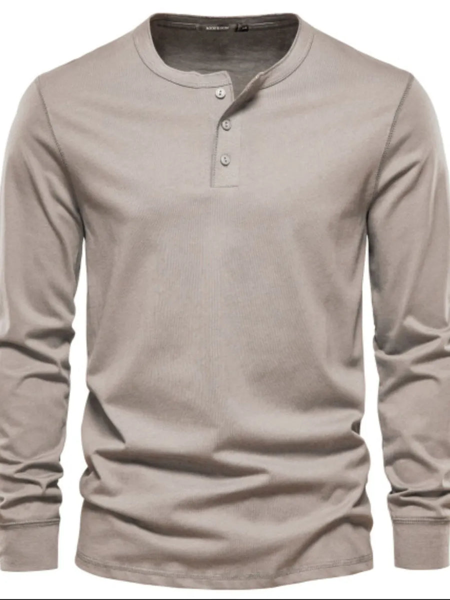 Henley knit long sleeve tee in Khaki with button placket and crew neck.