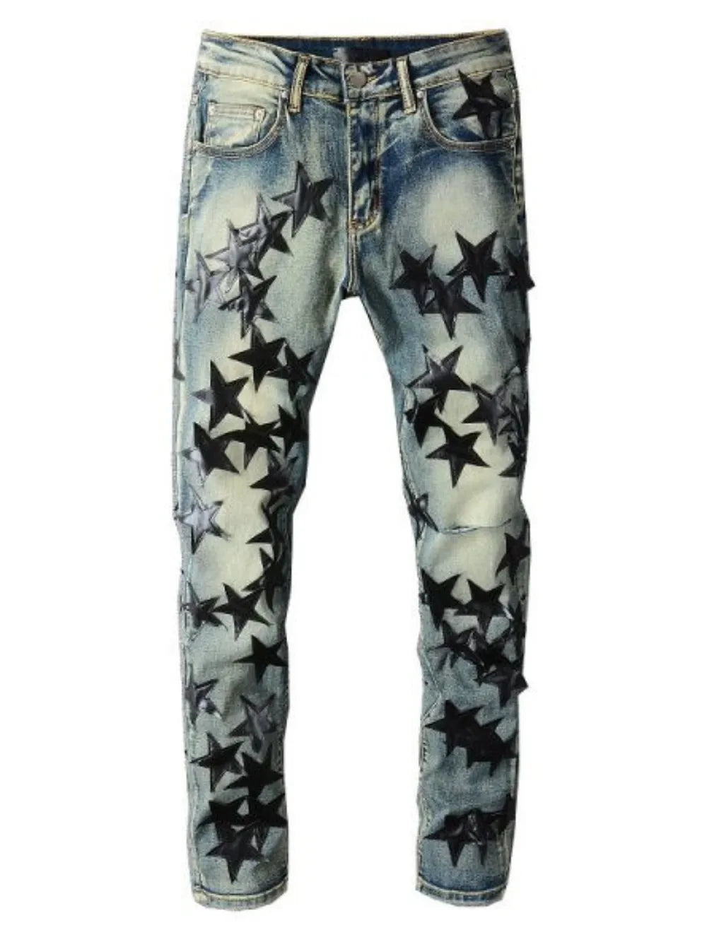 Star appliqué slim-fit denim jeans in medium wash with black star details.