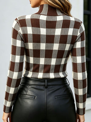 Orange-red mock neck sweater with stretch and long sleeve