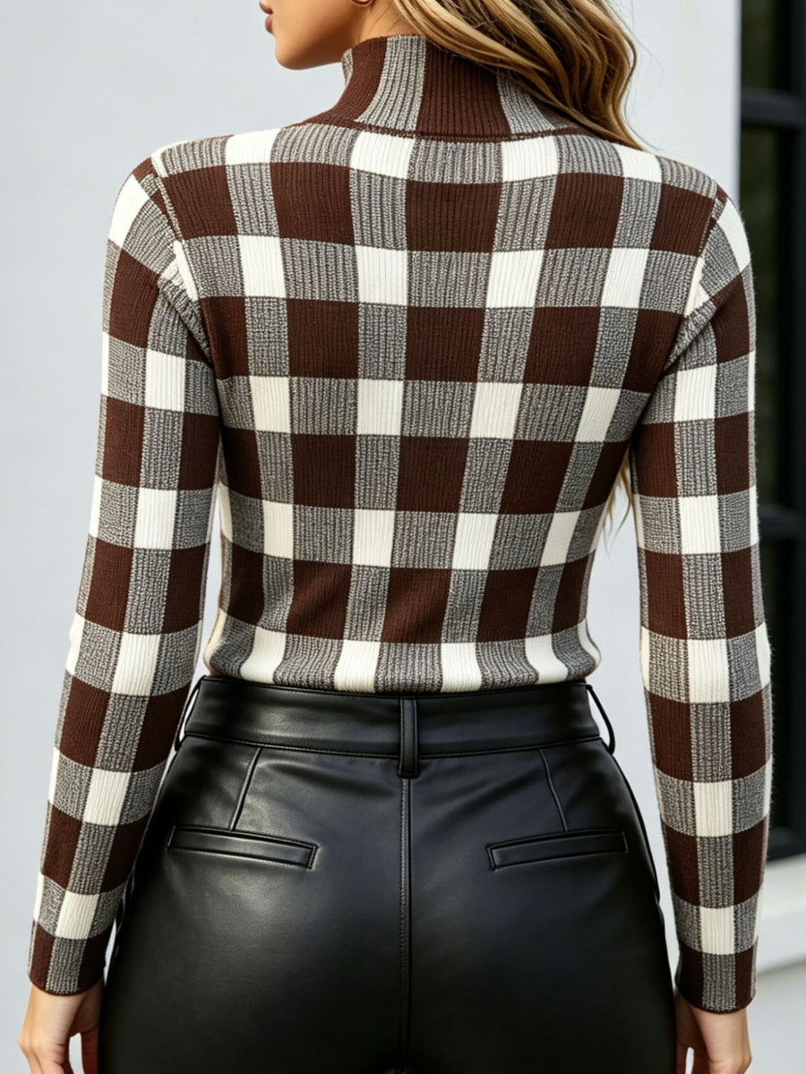 Orange-red mock neck sweater with stretch and long sleeve
