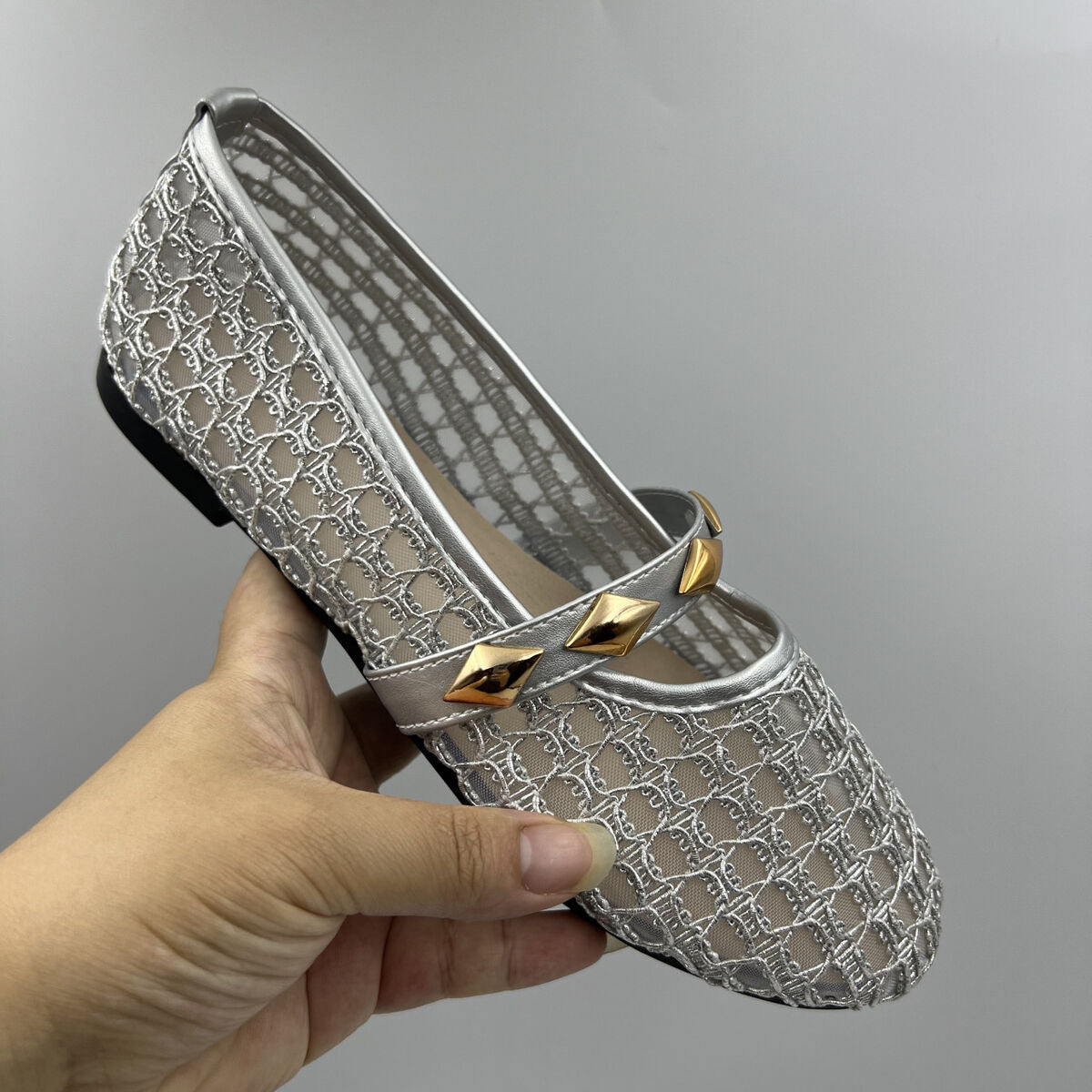 Mesh,Rubber Imported Size &amp flats in ivory with flats silhouette