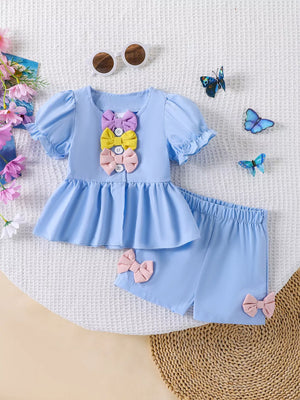 Children's Bow Puff Sleeve Top And Shorts Set in Blue