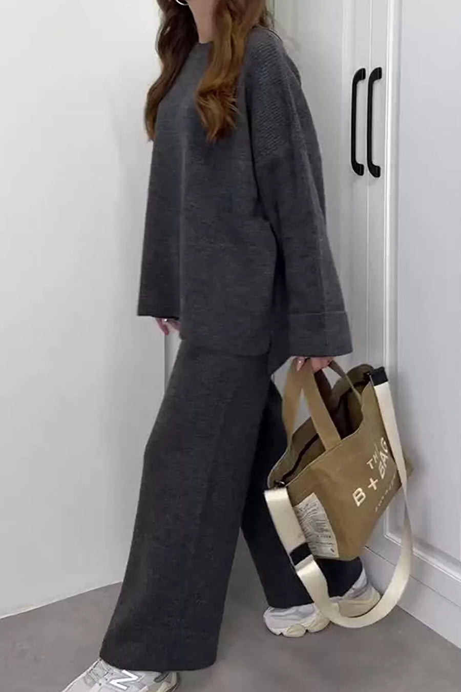 Dropped Shoulder Knit Sweater And Wide Leg Pants Set in Dusty Blue with oversized