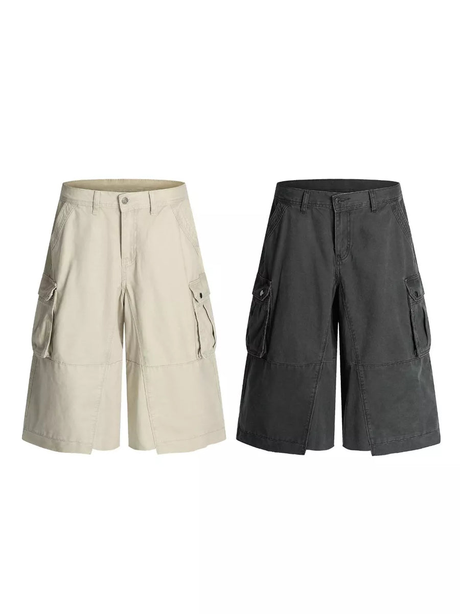 Men's utility cargo shorts in apricot and grey with multiple pockets.
