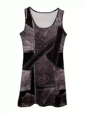 Royal Blue with Patchwork Denim Sleeveless Mini Dress