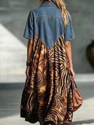 Denim Patchwork Printed Shirt Dress Plus Size in tan
