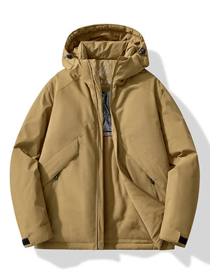 Khaki hooded windbreaker jacket with zip pockets and fleece lining.