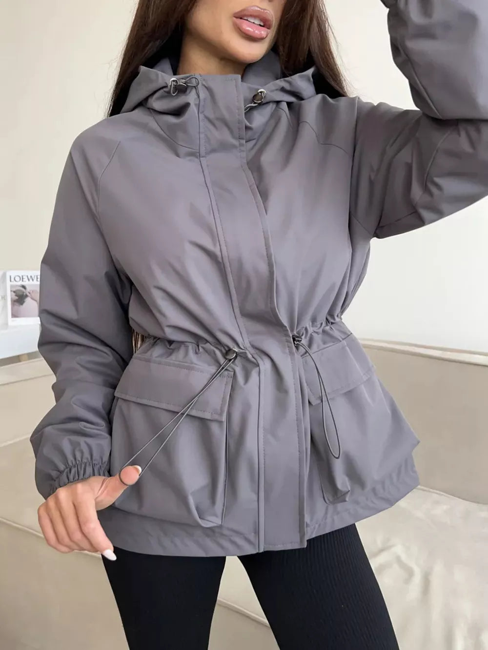 Wine Red relaxed windbreaker with hooded