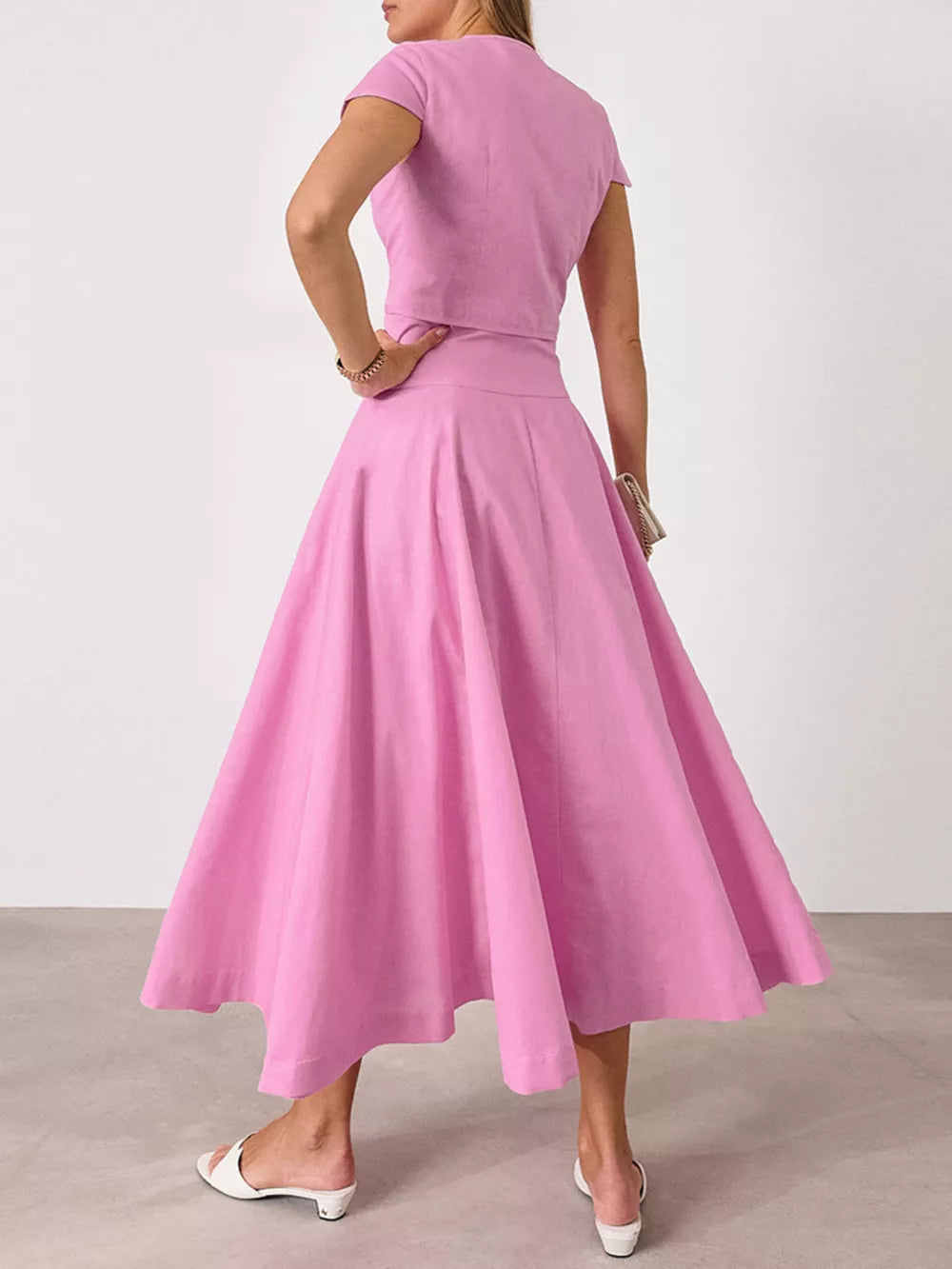 classic skirt set in blush pink with round neck