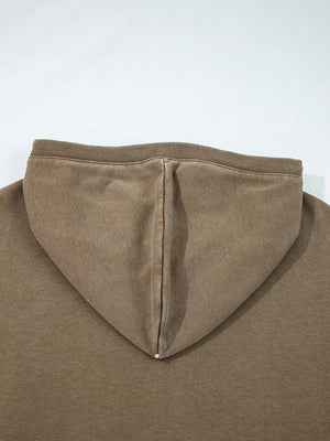Mineral wash coffee brown hoodie with ribbed collar and hood detail.