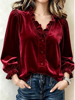 Dark Green blouse with ruffled and bishop sleeve