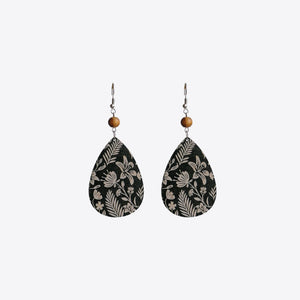 Botanical drop earrings with wood bead, black with cream floral pattern