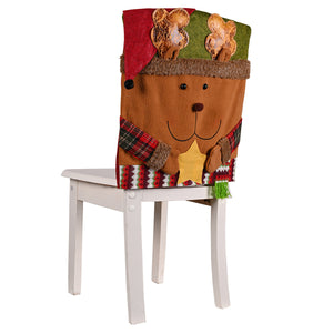 Christmas chair cover with reindeer applique, red hat, plaid scarf, and star detail.