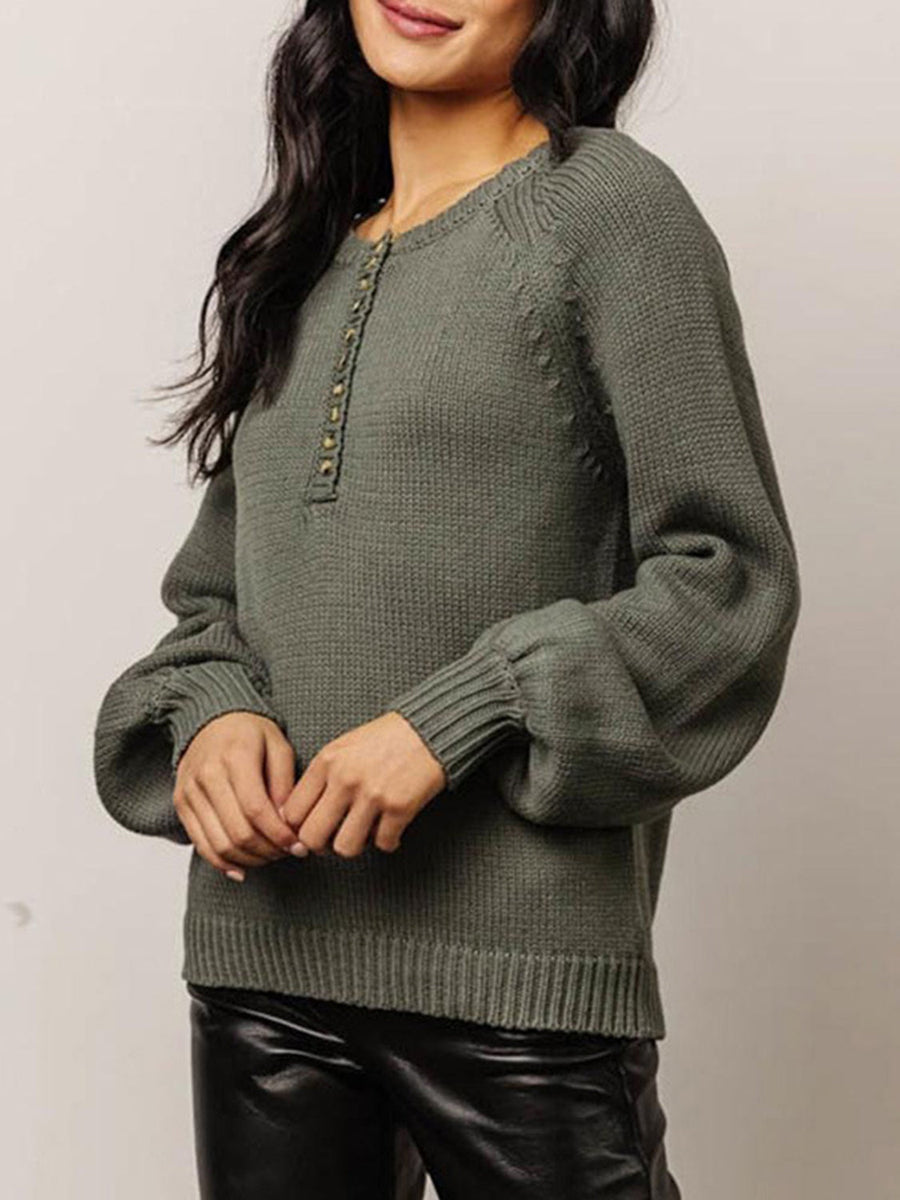 Army green acrylic balloon sleeve henley knit sweater with button detail