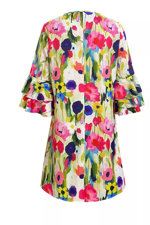V-neck Ruffle Sleeve Floral Mini Dress in Multicolor