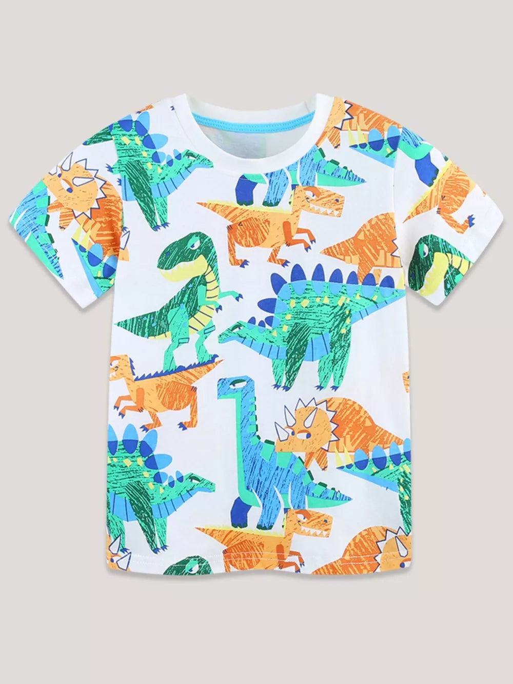 Children's white cotton crew neck t-shirt with a colorful dinosaur print.