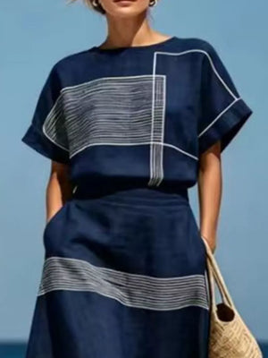 Brown Full Size Striped Round Neck Top And Skirt Set
