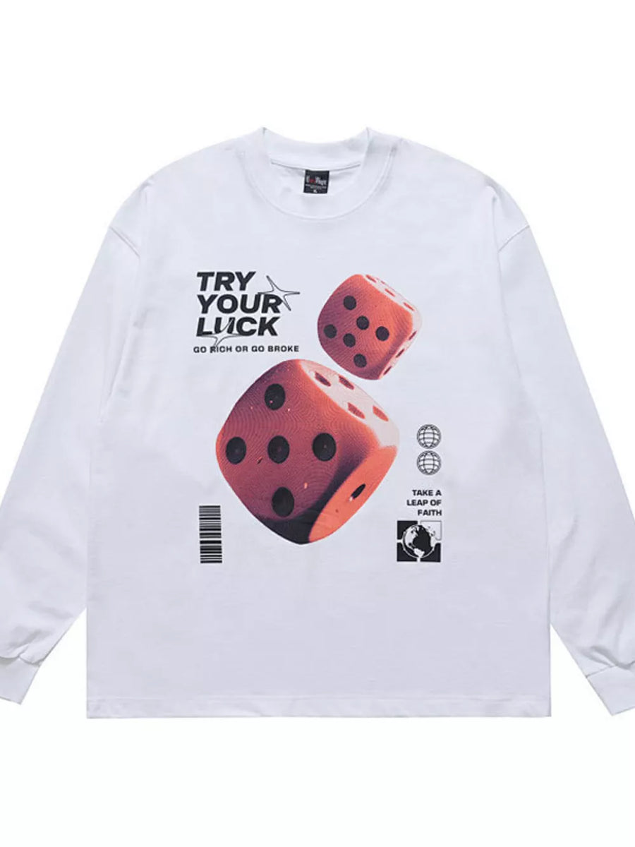 White cotton long sleeve tee with bold lucky dice graphic and text.