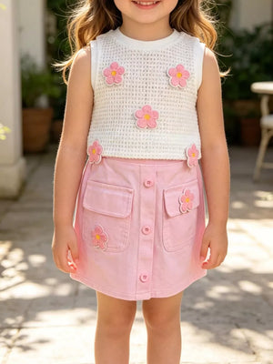 White Children's Flower Sleeveless Top And Skirt Set