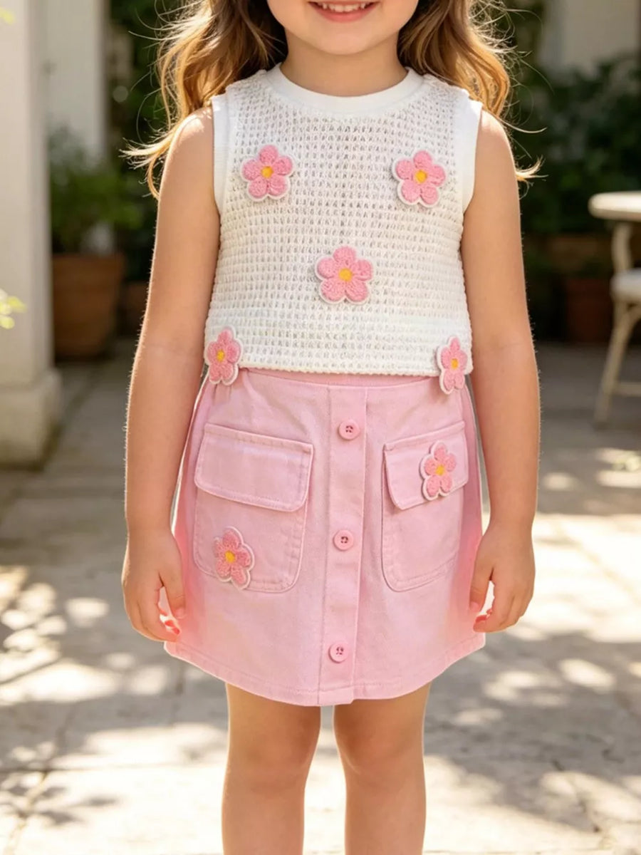 White Children's Flower Sleeveless Top And Skirt Set