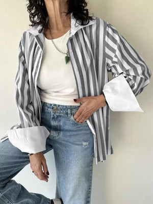 Gray with Striped Button-up Long Sleeve Shirt