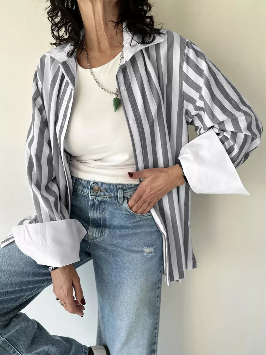 Gray with Striped Button-up Long Sleeve Shirt