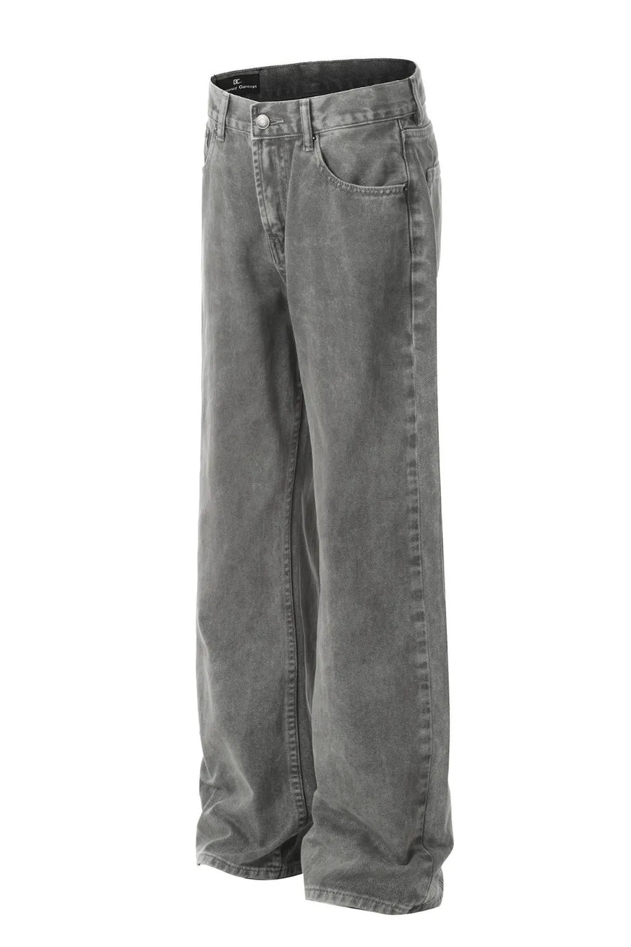 Gray acid wash denim wide-leg trousers with a relaxed fit.