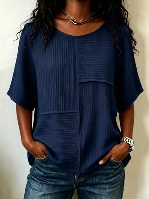 Full Size Texture Round Neck Half Sleeve Blouse in Sky Blue