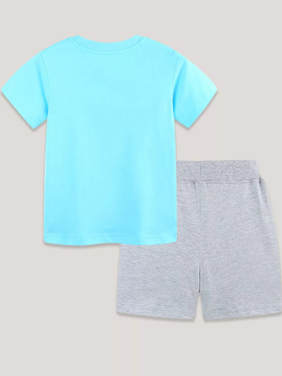 Baby blue cotton blend graphic tee and grey shorts set.