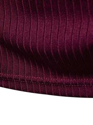 Men's burgundy ribbed Henley t-shirt with visible stitching detail.