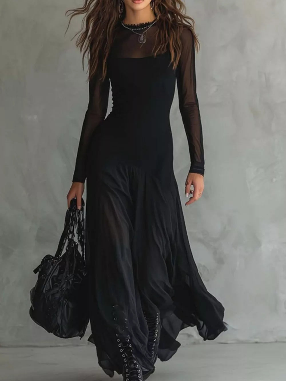 maxi dress in black featuring sheer and fit-and-flare dress fit
