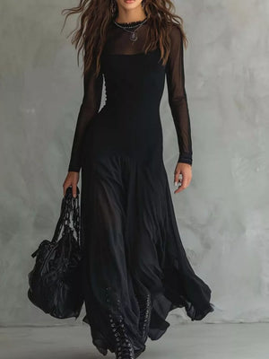maxi dress in black featuring sheer and fit-and-flare dress fit