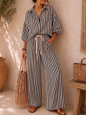 Light Blue Striped Puff Sleeve Shirt And Wide-leg Pants Set