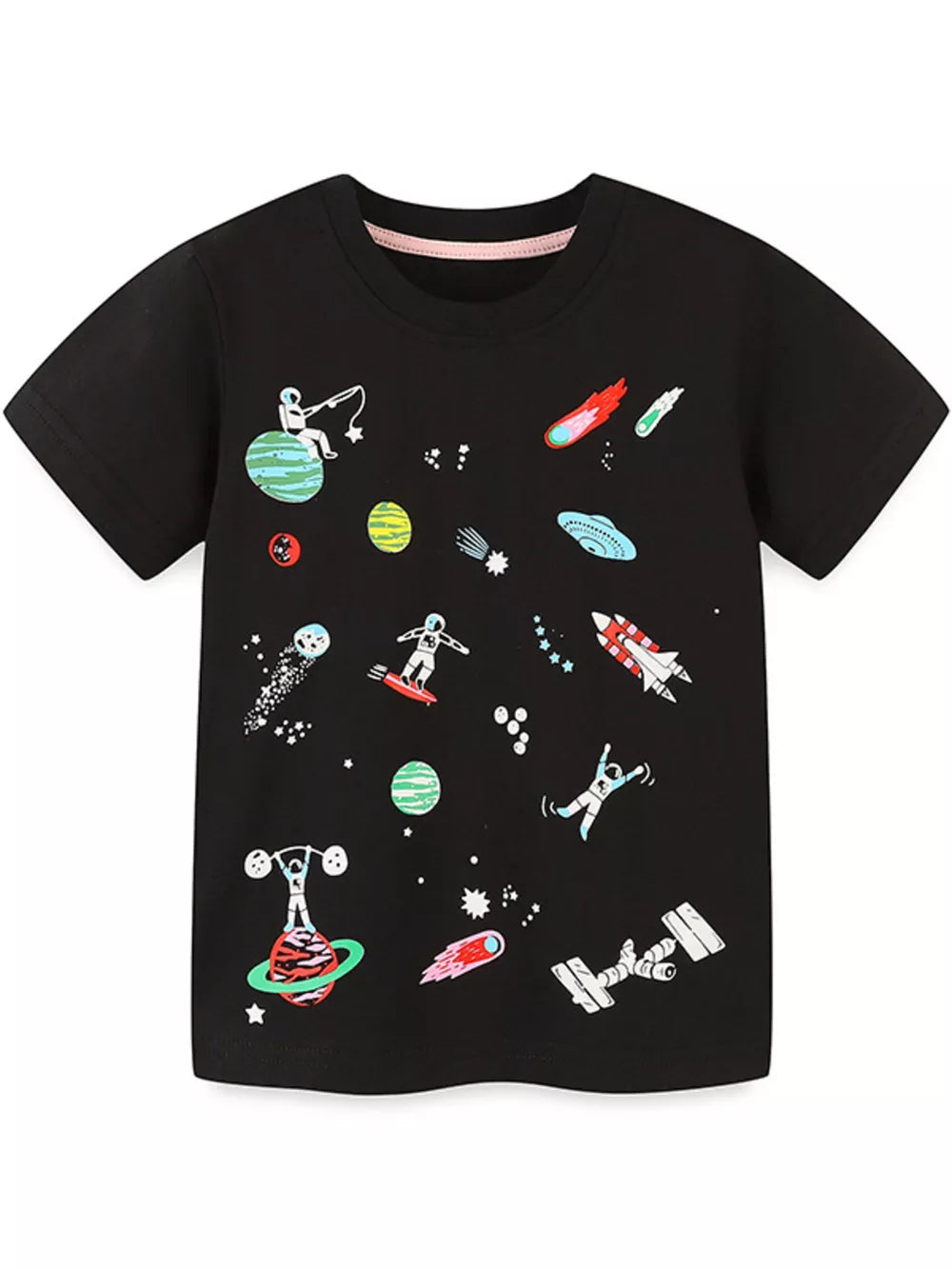 Black cotton t-shirt with whimsical space adventure print, featuring astronauts, rockets, and planets.