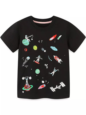 Black cotton t-shirt with whimsical space adventure print, featuring astronauts, rockets, and planets.