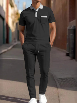 Grey Men's Short Sleeve Polo And Pants Set Plus Size