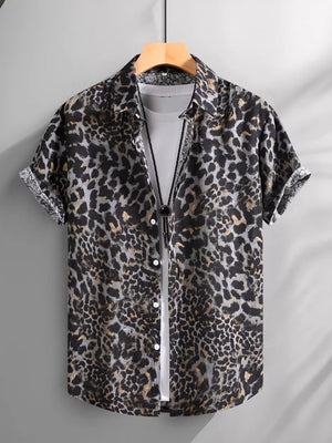 slate gray button-down shirt featuring rolled sleeve and leopard-print