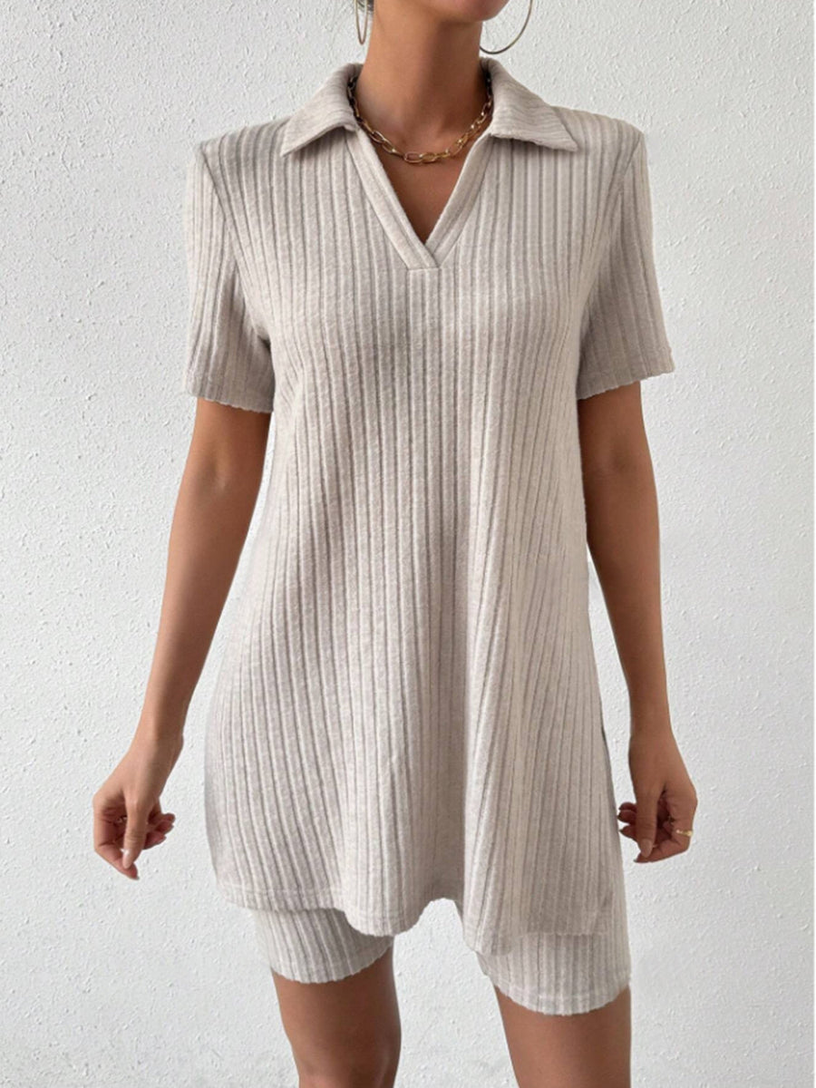 Tan ribbed polo shirt and shorts co-ord set with v-neck and collar