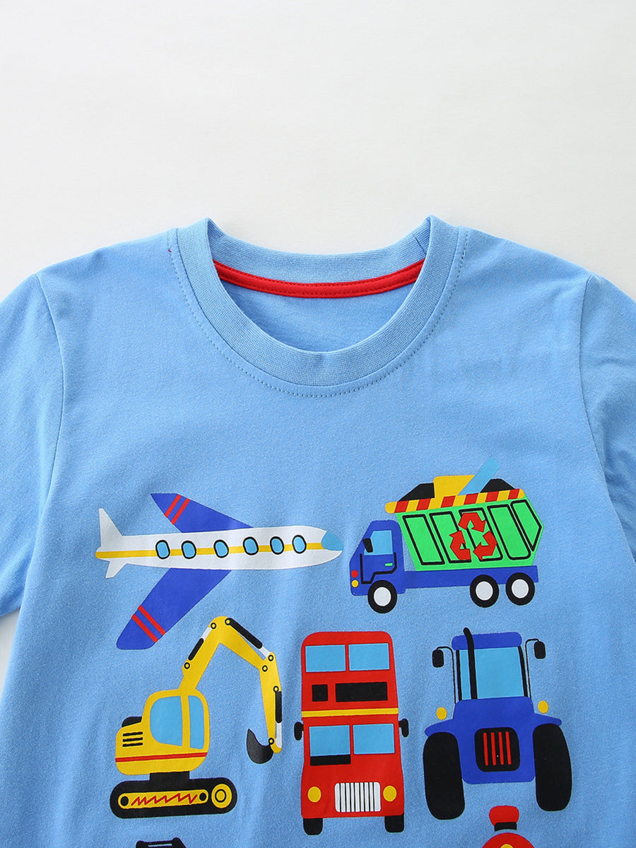 Light blue cotton toddler t-shirt with vehicle print, red neckline trim