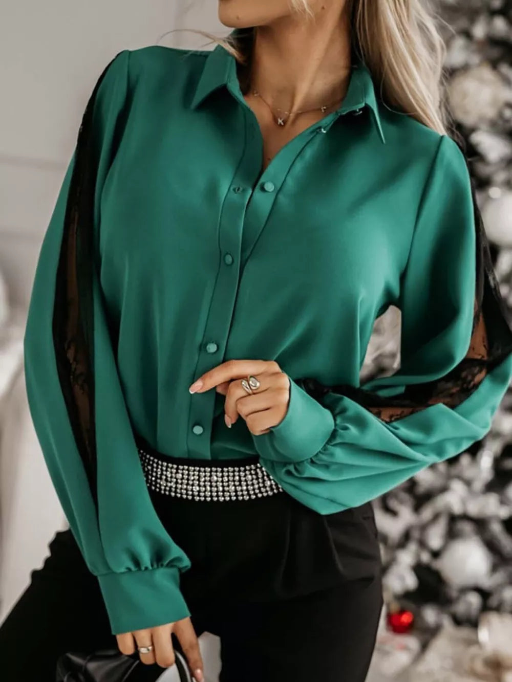 Dark Green Lace-sleeve Button Up Shirt